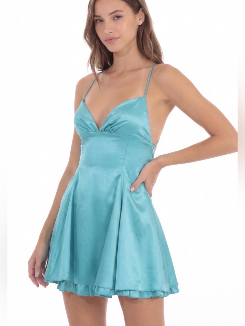 Lucy in the Sky New Satin Ruttle Flare Dress in Aqua NWOT